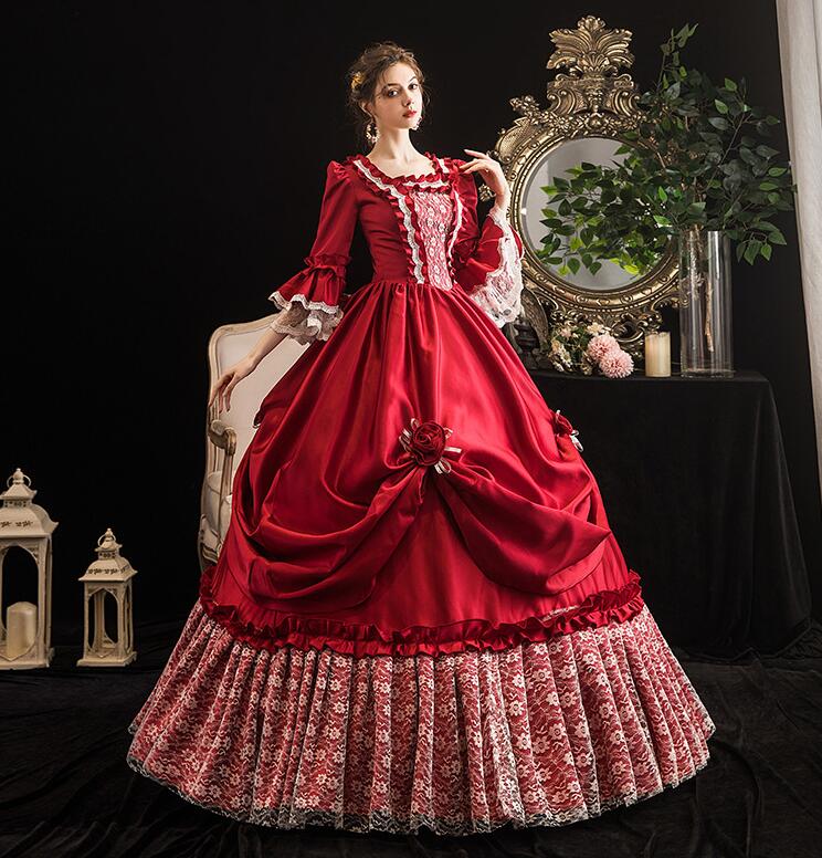 大人気 ヨーロッパ風 パーティードレス 中世貴族風 貴族ドレス 宮廷 ロングドレス 可愛い 演劇 文化祭 学園祭 プリンセスドレス 貴婦人 高級感 お嬢様 ステージ衣装 新劇 現代劇演出 フレア袖 編