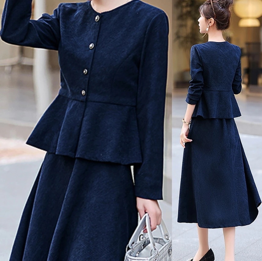 大人気ペプラムセットアップ ペプラム スカートスーツ きちんと 上品 セミフォーマル フォーマル 厚手 紺 ネイビー 2XL 韓国 オルチャン レディース 高見えセットアップ ペプラム 高見