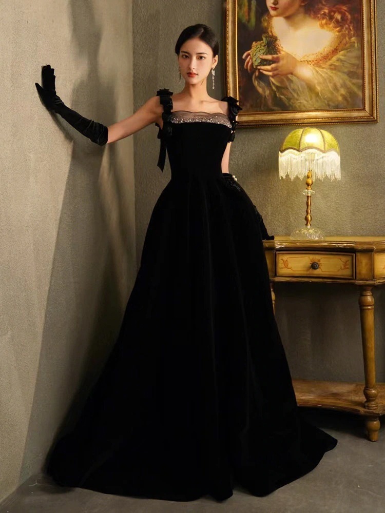 ドレスブラックサスペンダーハイエンドテクスチャードバンケットフェミニンイブニングドレスワンピースドレスその他 ワンピースドレス