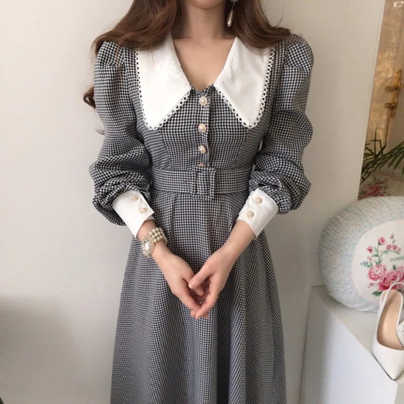 ワンピース ロングワンピース ロング丈 レース 長袖 パフスリーブ ハイウエスト 襟付き ボタン