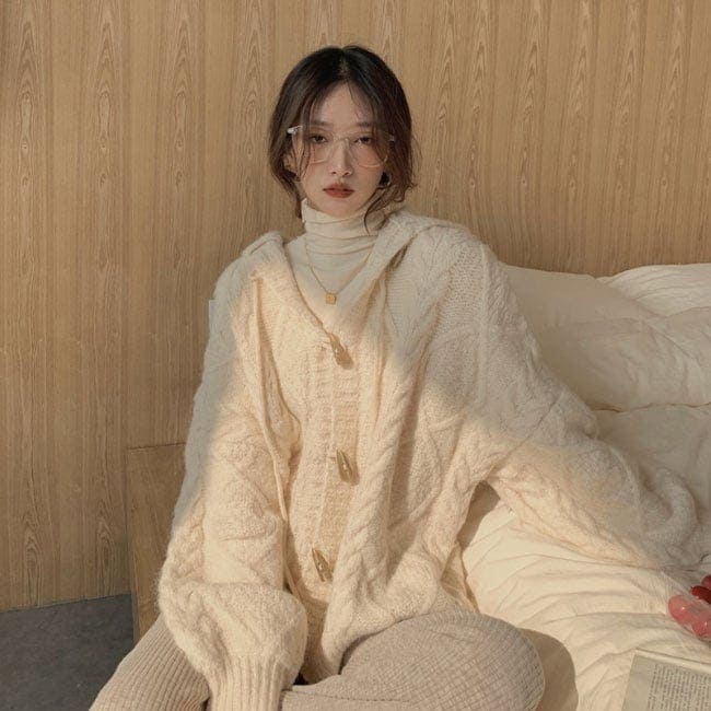 コーディガン レトロ ゆったり ボタンカーディガン 秋 ダッフルボタン ニットコーディガン オーバーサイズ アウター カーディガン 春 レディース ケーブル編み 厚手 ニットカーディガン フード付き
