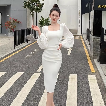 ワンピース ミモレ ミモレ丈 袖あり 長袖 スクエアネック スリム タイト 細身 ウエスト細め 快適 着心地 くびれ 大人可愛い きれいめ 大人 上品 おしゃれ お洒落 かっこいい レトロ 大人女子