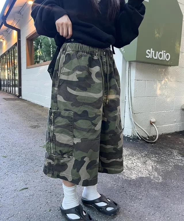 (UNISEX) ファスナー カーゴ ポケット バミューダ パンツ ミリタリー カモ