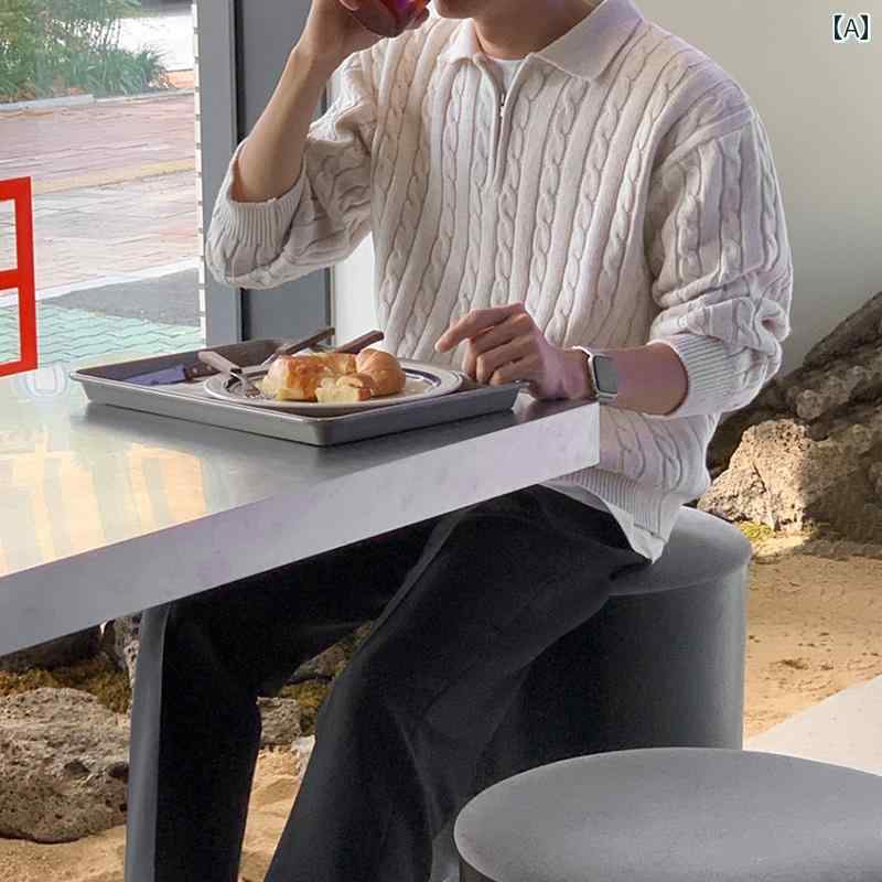 セーター メンズ ニット トップス 秋冬 ハーフジップ 韓国 ファッション カジュアル ツイスト プルオーバー カーキ グレー