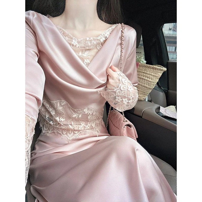 春と秋にぴったりなホルターネックレーストリム長袖トップススリムスカートが特徴のスタイリッシュでエレガントなレディース ツーピース セットです