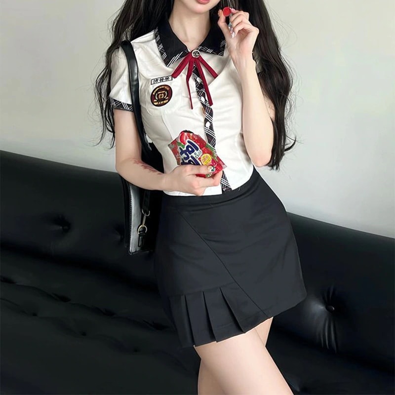 韓国風プレッピー風ホットガールセット夏ウエストを絞ったパッチワークの半袖シャツとハイウエストのショートスカートのツーピースセット