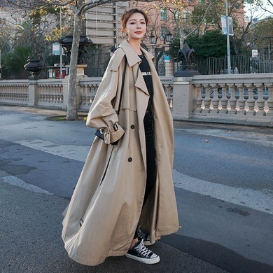 アウター コート トレンチコート ロング丈 長袖 襟付き ノッチドラペル デザイン ボタン ダブルブレスト オーバーサイズ ビッグシルエット 美ライン ニュアンス ベルト ウエストマーク カラバリ