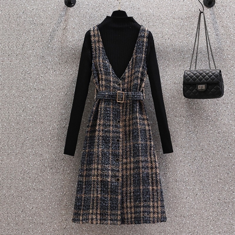 ワンピース ニットソー ニット ツイードツーピースワンピース 膝丈 ひざ丈 袖あり 長袖 ハイネック ベルト ウール 上下セット 2点セット かわいい きれいめ シンプル カジュアル 大人 上品