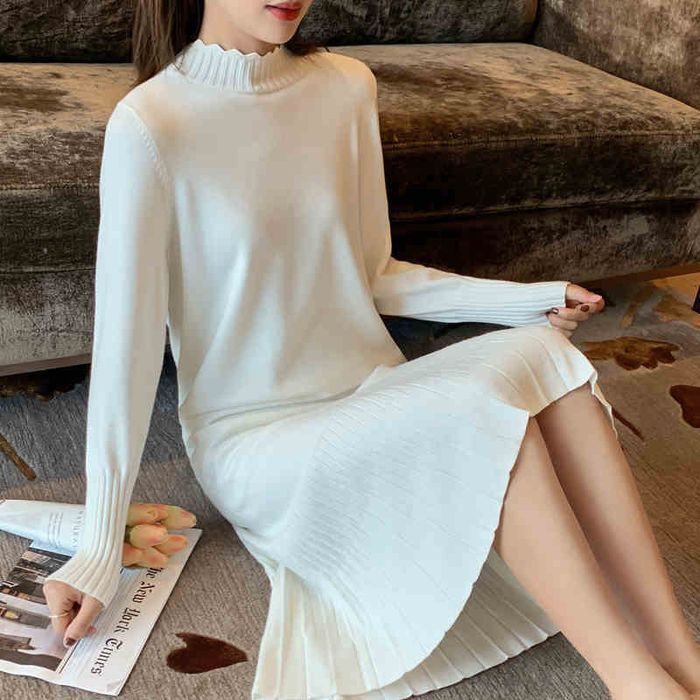 ワンピース カットソー ニットソー ワンピドレス ミモレ ミモレ丈 長袖 スカラップネック ストレート Aライン 切り替えデザイン プリーツ ハイウエスト 伸縮性 かわいい 大人可愛い きれいめ