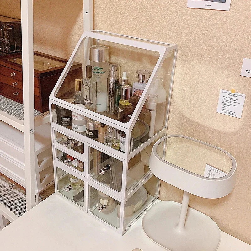 【急速出荷!】化粧台ガラス化粧品収納ボックス防塵ネット赤同じ口紅ブラシバケツデスクトップ透明棚