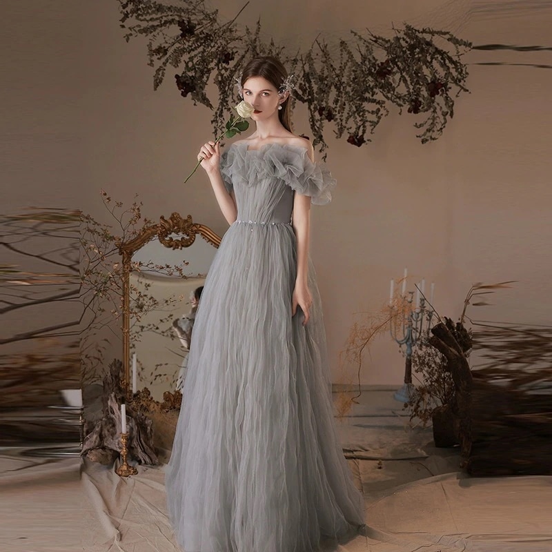 【急速出荷!】グレーイブニングドレス 2025 新作 ワンショルダー ンピース ロング 入学式 宴会 結婚式 ドレス パーティードレス お呼ばれ 披露宴