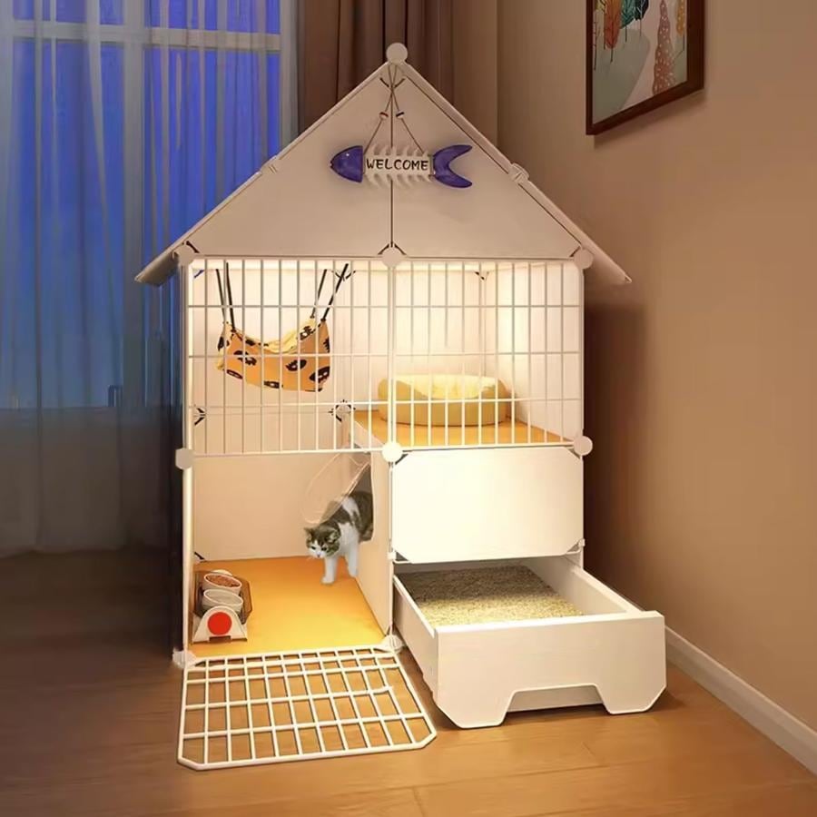 2/3段猫ケージエンクロージャー 猫トイレ付き 通気性フェンスパネル付き 猫ヴィラキャビネット ペットベビーサークル 猫小屋 クレートベビーサークル 12匹用