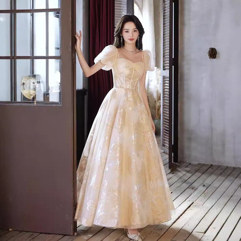 女性用フランスのイブニングドレス高級高級品ニッチ妖精のようなシャンパン色のガーゼスカートボーカルアート試験高級