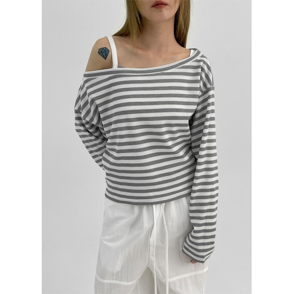 ブラックアップ [MADE] ビト ストライプ ボートネック クロップ 長袖T