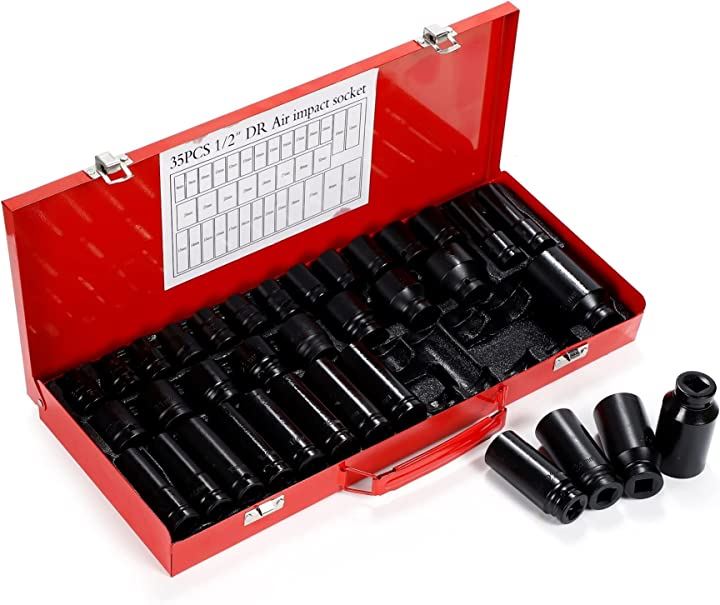 インパクトレンチソケットセット 1/2 12.7mm 六角 ディープ ビット ショート ボックス(35個セット)