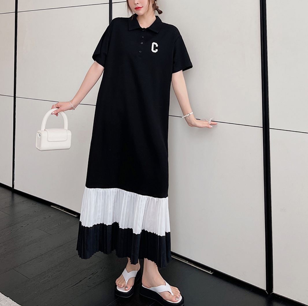 ワンピース デート かわいい 大人可愛い きれいめ シンプル カジュアル 大人 上品 おしゃれ ポロシャツ 異素材ミックス 襟付き ロング丈 プリーツ　バイカラー 半袖 韓国 ロゴ入り 春夏 3XL
