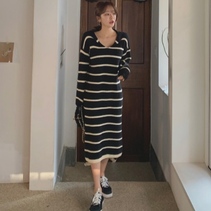 ニットワンピース ロングワンピース セーラーカラー ワンピース デート ニットスカート 膝下 ミモレ丈 ロング 袖あり 長袖 ドロップショルダー Vネック 襟付き セミフレア Iライン リブ