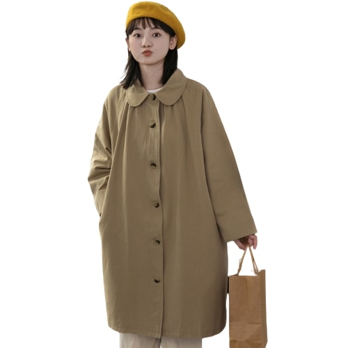 カーキ色の服女性小柄ロングコート春のゆったりとした着やせシングルボタンの上着