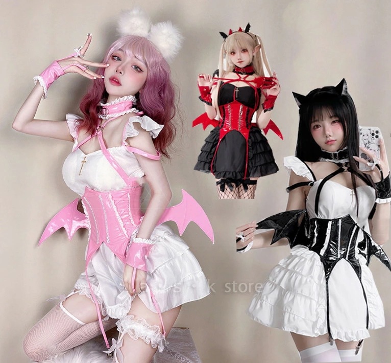 ハロウィン コスプレ メイド服 女性 蝙蝠 悪魔 魔女 変身仮装 セクシー制服 Halloween こすぷれ レディース ハロウィン衣装 学園祭 文化祭 イベント メイドコスプレ ピンク レッドブラッ