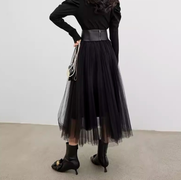 レディース スカート フレアスカート ミモレ ロング Aライン フェミニン チュール ベルト ウエストマーク ハイウエスト 薄手 チュール ナイロン ベルト付き 大人可愛い カジュアル 上品 おしゃれ