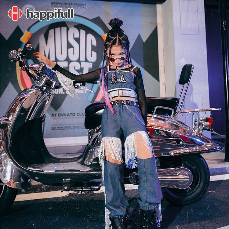 デニムタンクトップ 黒ルトップス デニムパンツ OFF即納 かっこいい フリンジ メッシュキッズダンス衣装 セットアップ 30% ヒップホップ h30パーセント ヒップホップ ダメージ