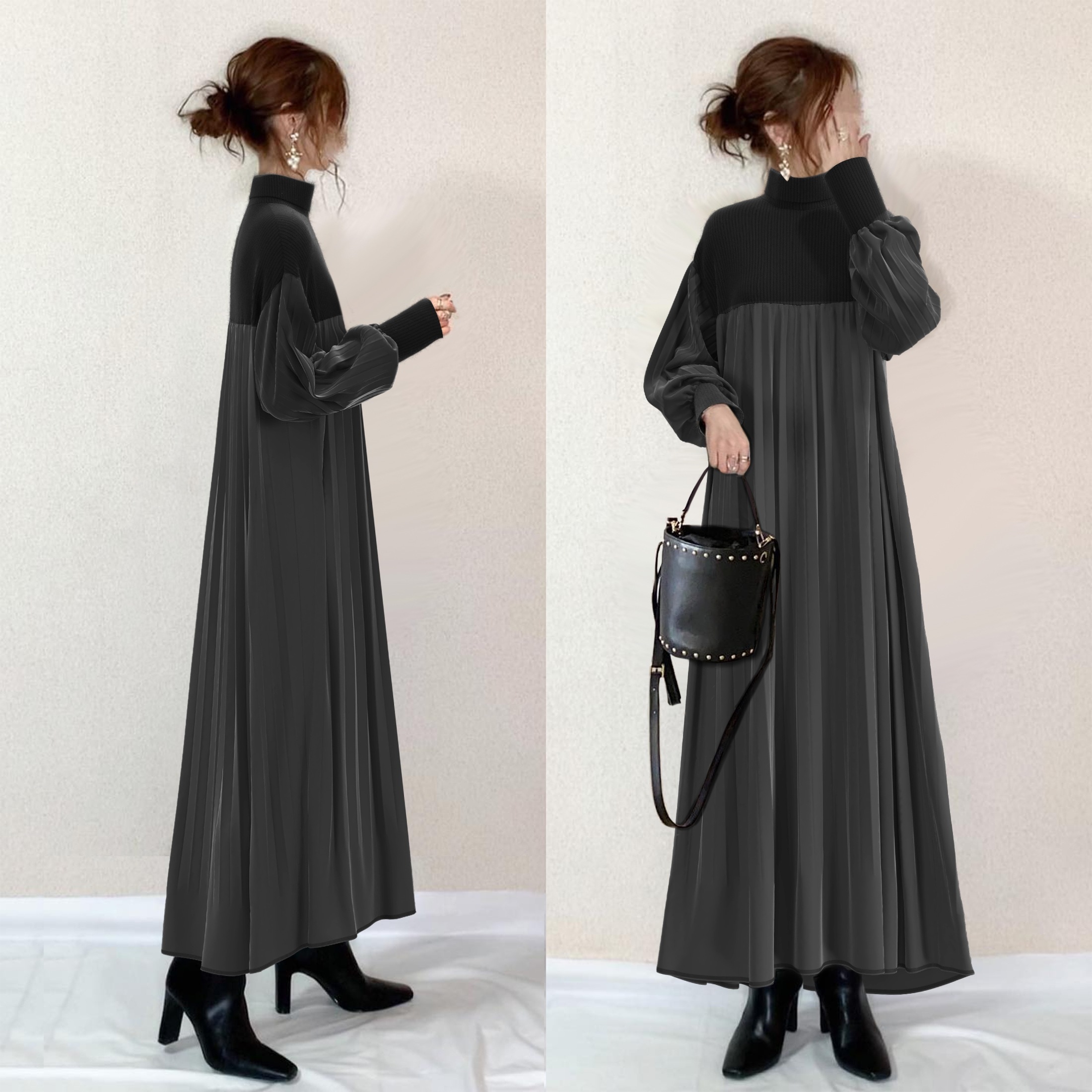 【SNSで話題沸騰】 超人気 シンプル 切り替え 配色 長袖 プリーツ カジュアルワンピース レディース