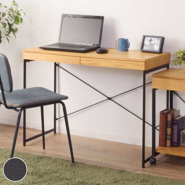 デスク パソコンデスク 幅100cm 引き出し付き アジャスター付き 天然木 スチール脚