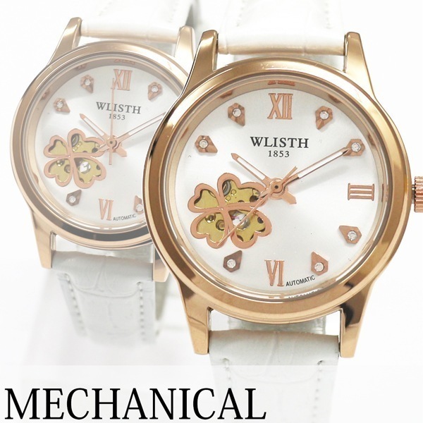 自動巻き腕時計 クローバー ラインストーンインデックス ピンクゴールドケース 革ベルト 機械式腕時計 WSA006-WHWH レディース腕時計 5,460円