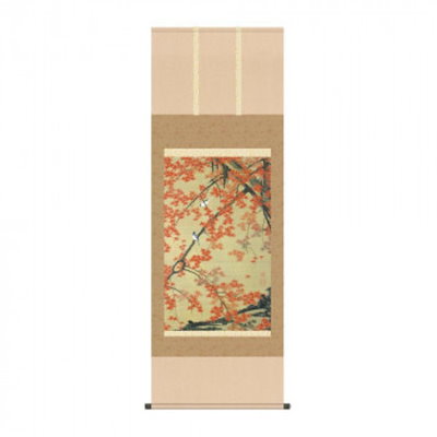 掛軸 伊藤若冲紅葉小禽図 54.5×153cm KZ2G9-035