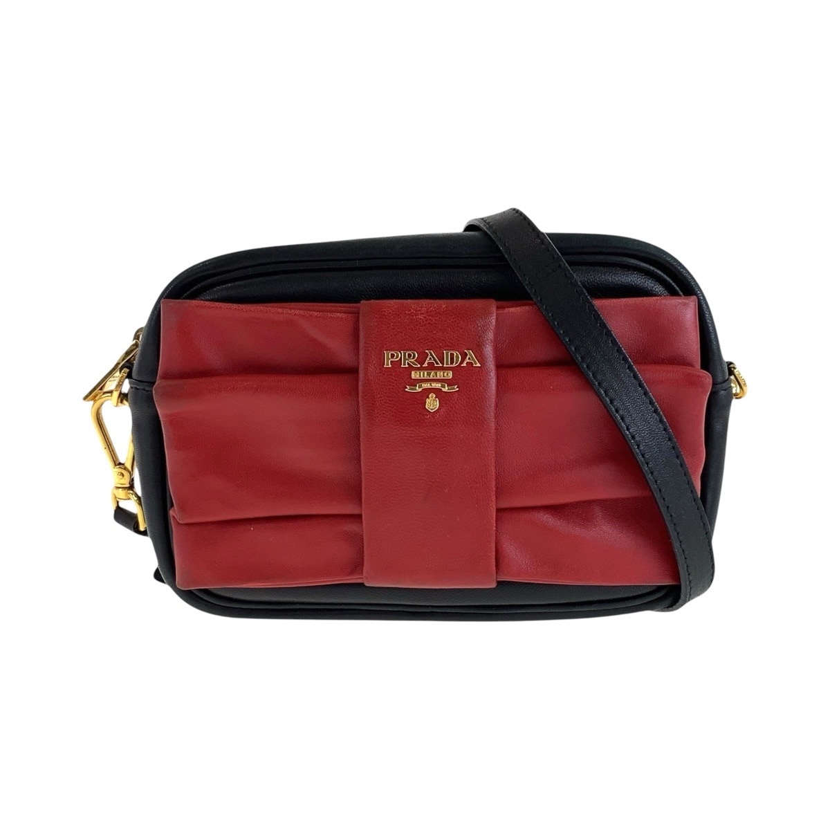 美品 リボン レッド ブラック 黒 ゴールド金具 レザー ショルダーバッグ ポシェット レディース 411438