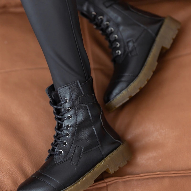 BJDドール靴 ブラック ホワイト レースアップ ブーツ つぎあて MSD/SD/70cm普通/70cm筋肉あり/ID75サイズ人形用シューズ