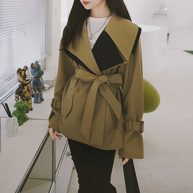 アウター 上着 コート ラップコート スプリングコート ハーフコート Ａライン オーバーサイズ ミドル丈 チュニック丈 ボリューム袖 フレア 無地 襟付き 配色 切替 体型カバー lout0455