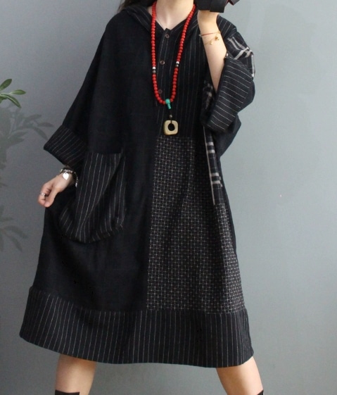 レディース ワンピース 膝丈 長袖 フード ワイド ポケット リネン コットン かわいい カジュアル おしゃれ レトロ ガーリー ルーズ 個性的 主役級 存在感 キュート ラグジュアリー アクティブ