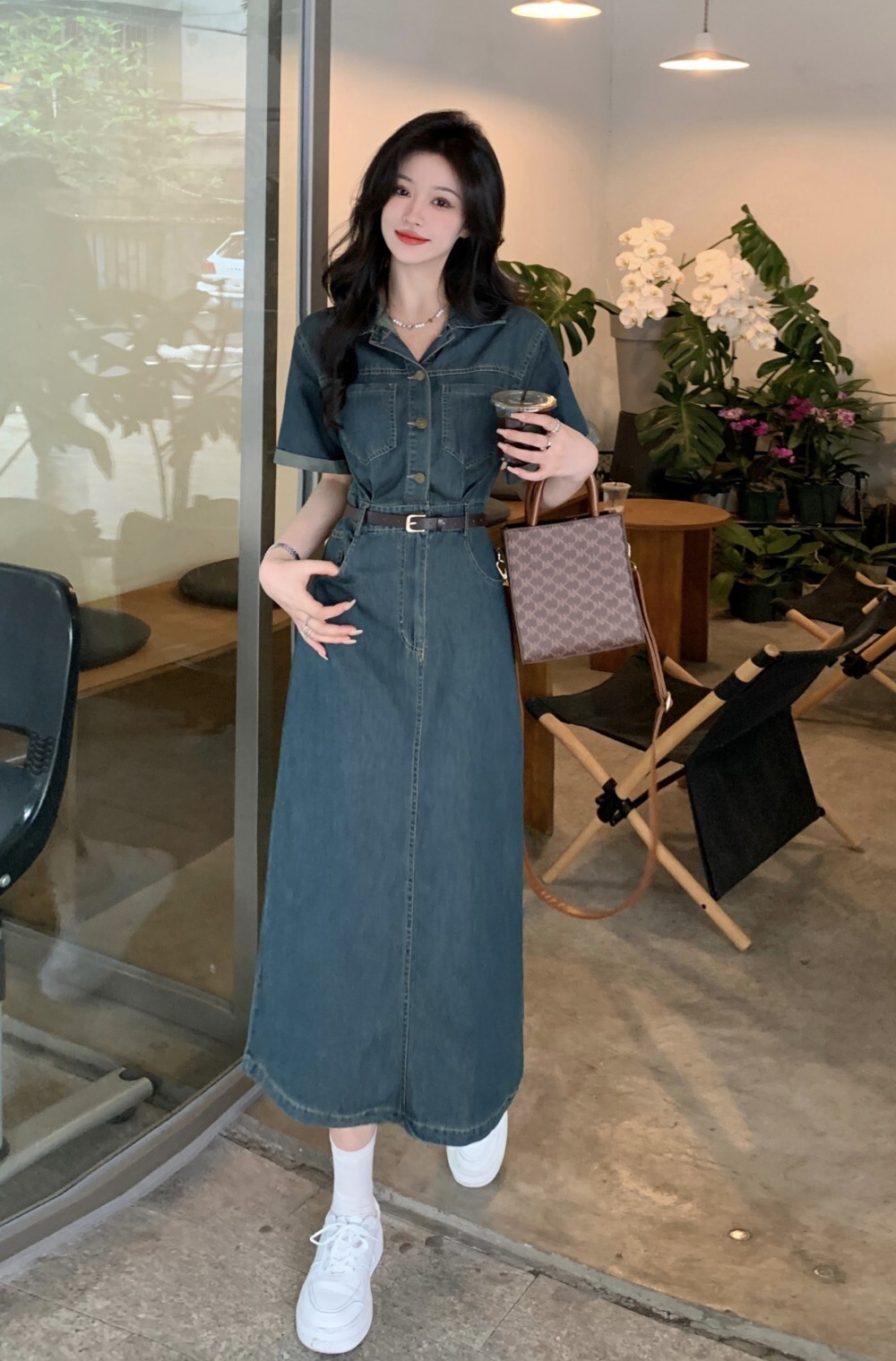 ワンピース オールインワン デニムスカート デニムワンピース 膝下 ロング丈 7分丈 袖あり 半袖 5分袖 Vネック 襟付き スリム 細身 ベルト ハイウエスト 前開き デニム 薄手 胸元ポケット
