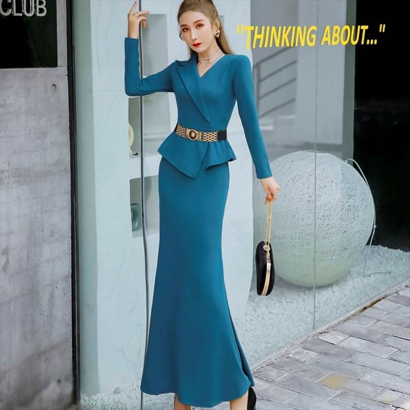 3色 キャバ ドレス ロング フォーマル ロング丈 長袖 スーツ系 カッコイイ デキる女 大きいサイズ xl 2xl フレア ベルト レディース ブラック レッド ブルー 黒 赤 青 ワンピ キャバ嬢