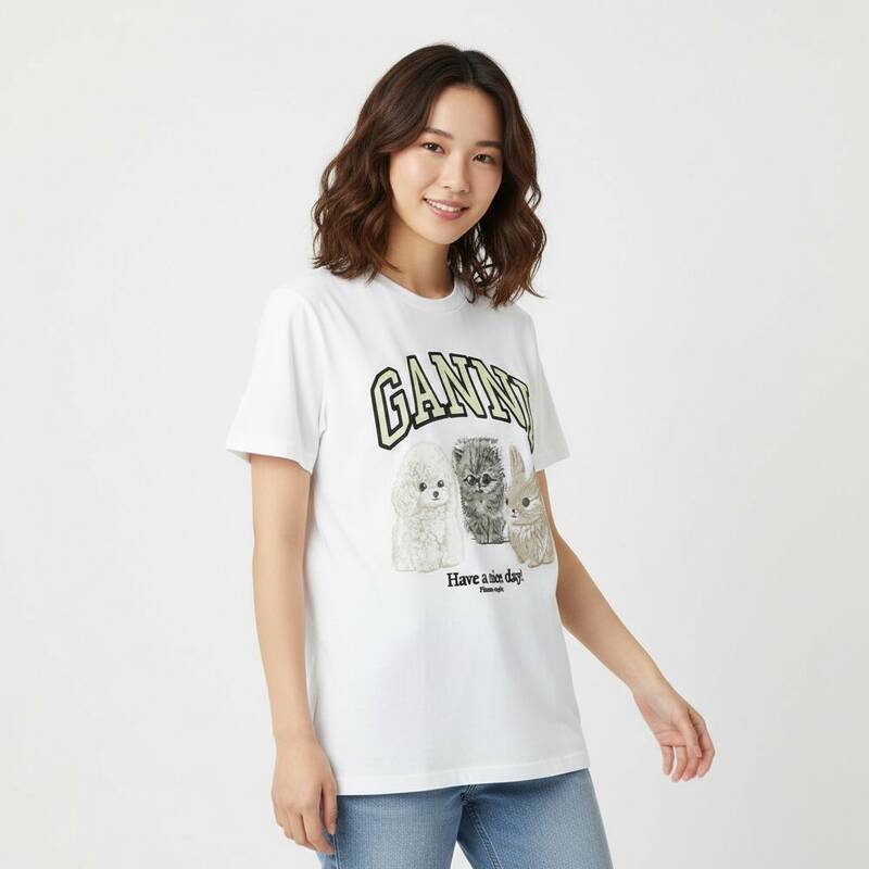 GANNI T4237 151 アニマルロゴ レディース半袖Tシャツ