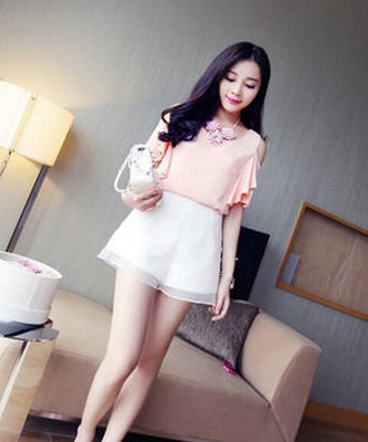 2450.フレア半袖ブラウス（ピンク）2019 春夏 無地 カジュアル フリル かわいい