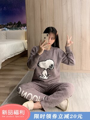 綿先森ins風日系ふんわりと厚めの可愛いサンゴのパジャマ女性秋冬のモコモコ
