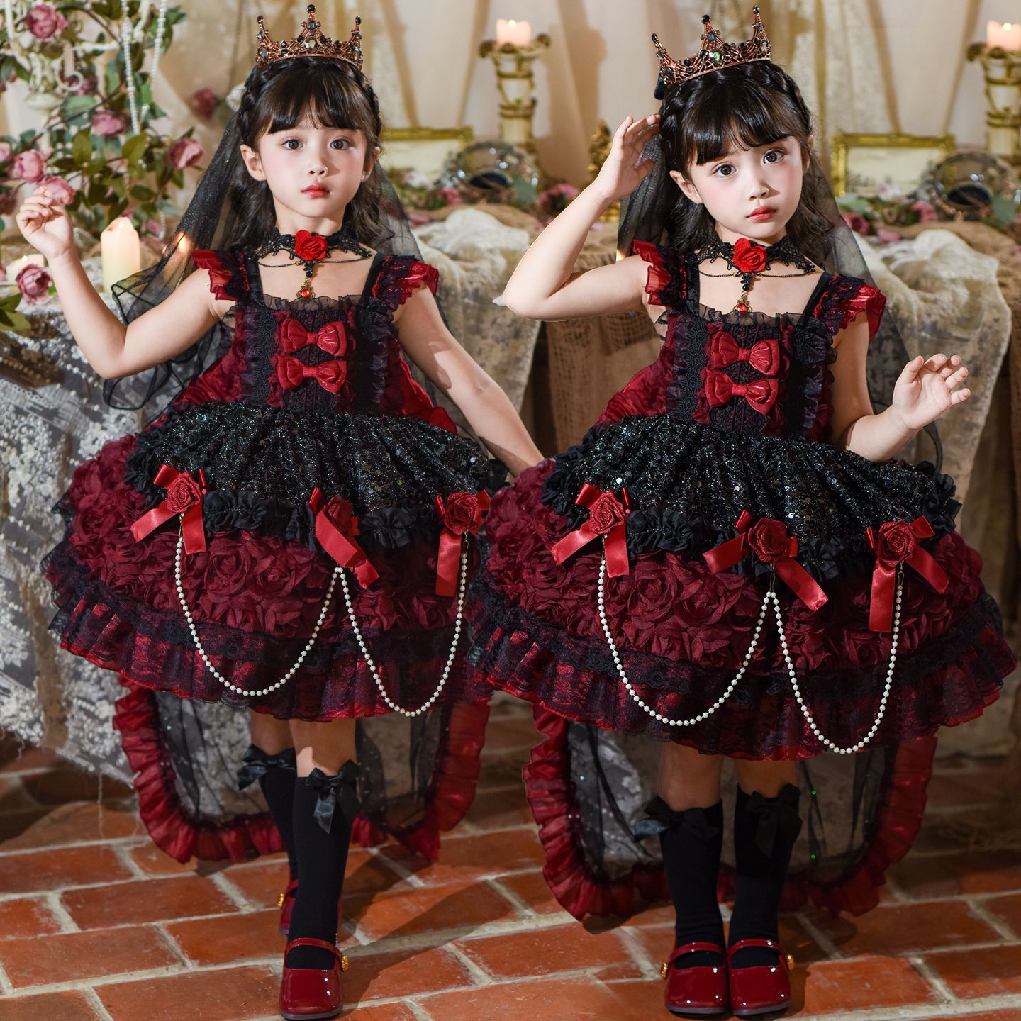 闇夜のバラプリンセスワンピース 四季対応 舞台・誕生日フォーマルフリルドレス 子供服 ロリータ ハロウィン クリスマス