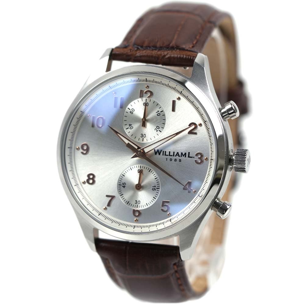 ウィリアム エル 1985 腕時計 クロノグラフ ダブルドーム硬化ミネラルクリスタルガラス レザー本革型押し ブラウン シルバー WILLIAM L.1985 WLAC02GOCM