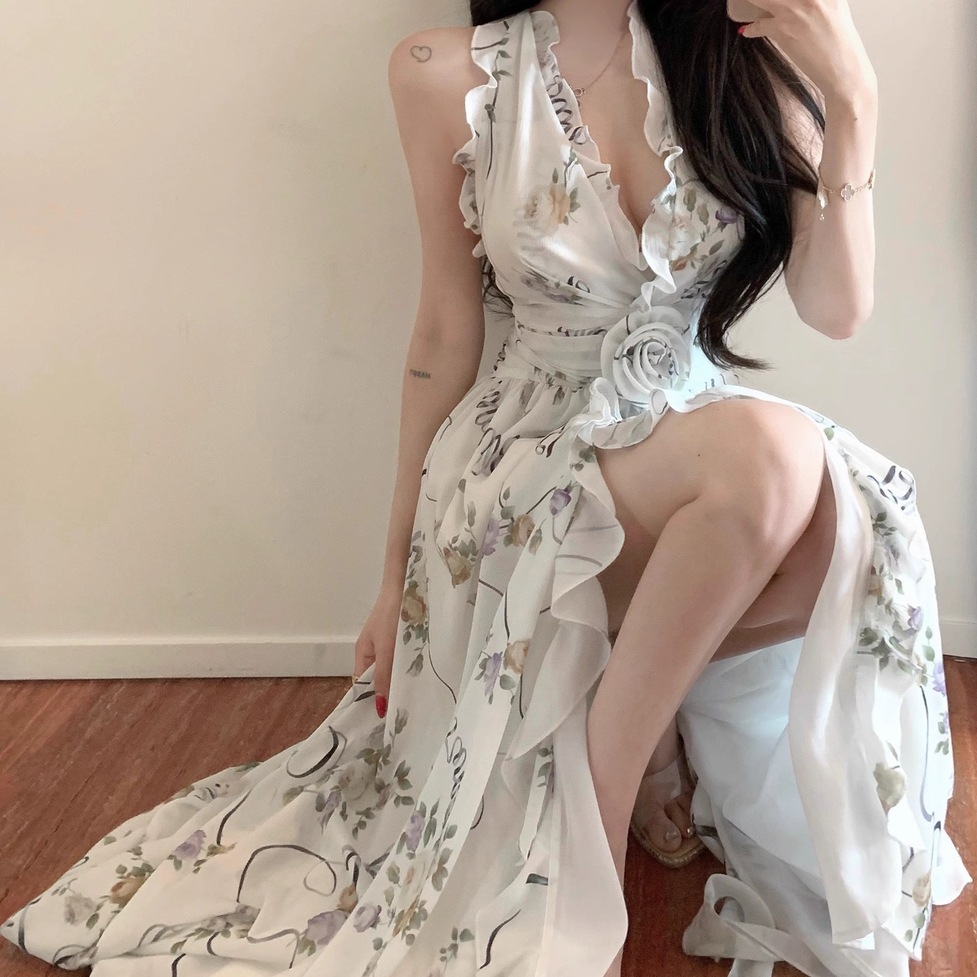 ワンピース ドレス ロングワンピース ロングドレス リゾートワンピース マキシワンピース シフォンワンピース フリルシフォンロングワンピース Vネック ノースリーブ ウエストマーク ハイウエスト