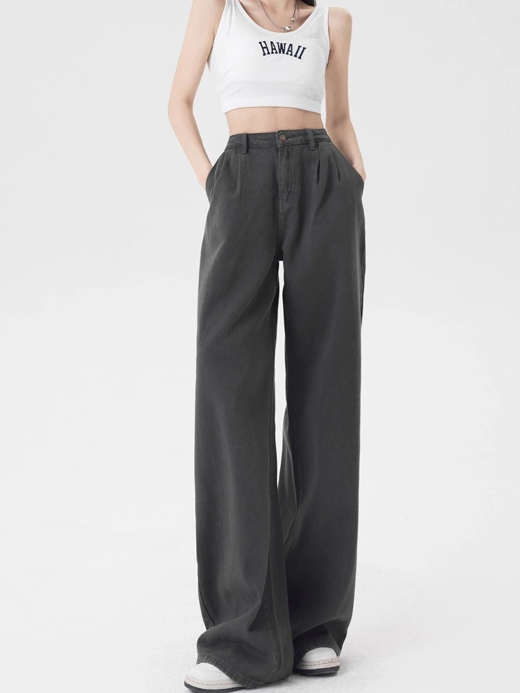 ハイウエストストレートワークワイドパンツ女性春秋冬秋と秋新しいl緩い薄いデザインセンスデニムドラッグパンツ