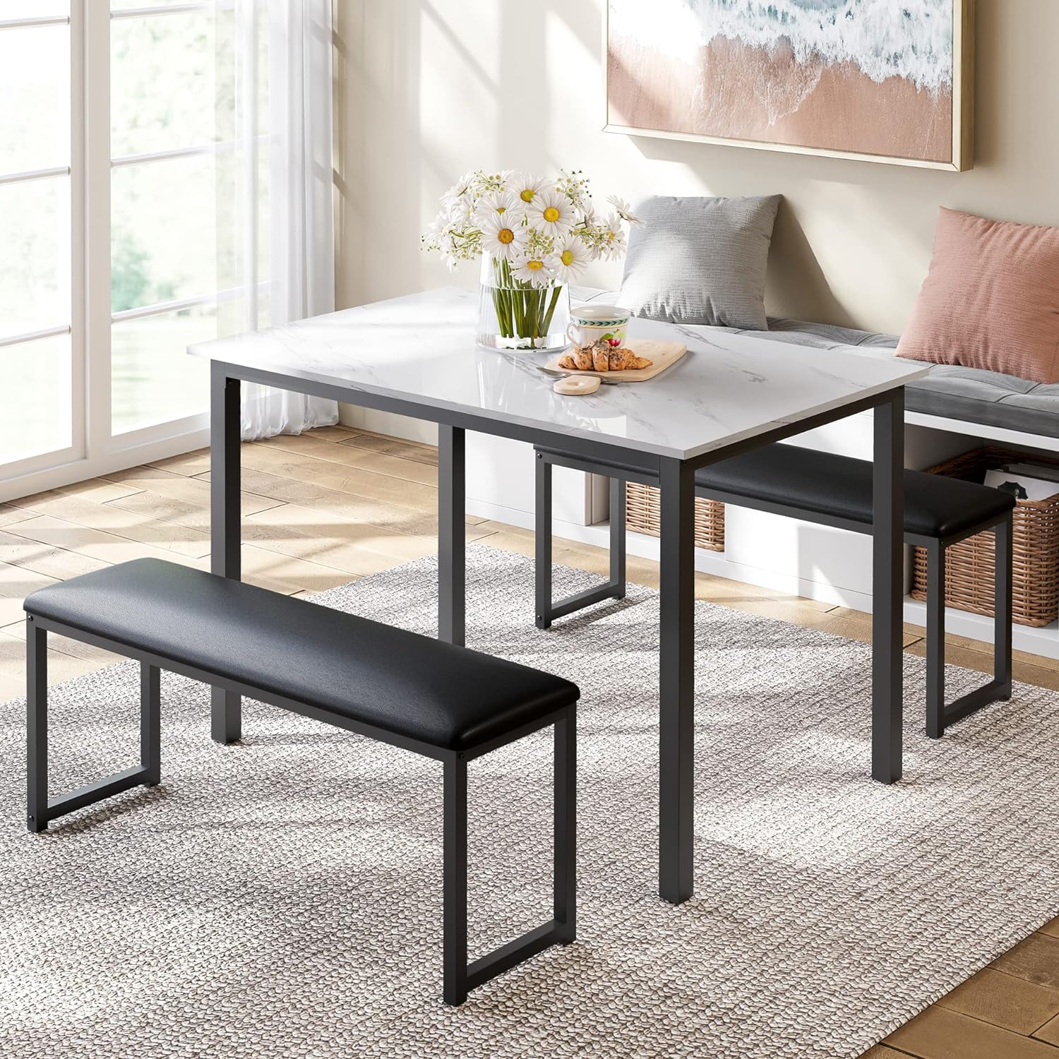 Dining Table Set, For 4 People, Marble Pattern, Retractable Bench with Cushion, Space Saving, Stylis