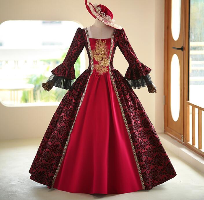 宮廷ドレス ハロウィン クリスマス 貴族ドレス 華やか フレア袖 帽子付き オペラ声楽 舞踏会 プリンセスドレス ヨーロッパ風ドレス 中世貴族風ドレス 高級感 ステージ衣装 パーティードレス ロングド