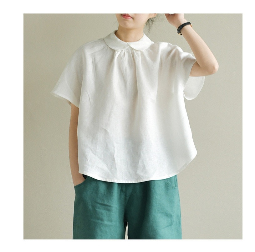 レディース トップス シャツ ブラウス フレア ショート 半袖 襟付き ワイド タックプリーツ かわいい シンプル カジュアル ラフ ガーリー 個性的 学生風 無地 春 夏 発表会 母の日 授業参観