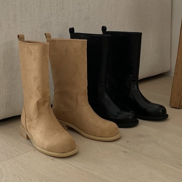 ミドルブーツ 履き口 ゆったり フラット レディース ローヒール 黒 ブラック ベージュ レザー スエード 歩きやすい 痛くない カジュアル 靴 婦人靴 韓国