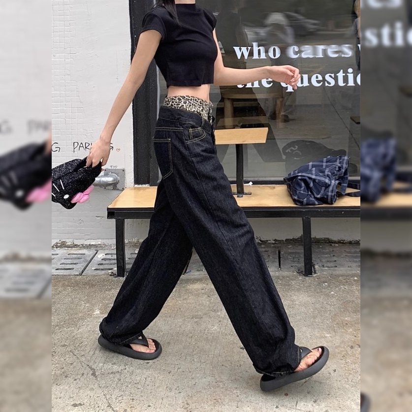 レオパード デニム ダブルウエストレオパード柄デニム ワイドデニム ロングデニム ハイウエスト ストリート系 韓国 人気 新作 20代 30代ファッション40代ファッション トレンド
