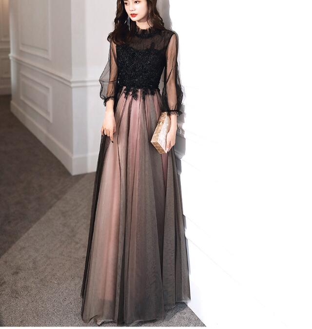 ドレス　黒　ロングドレス　袖あり　ワンピース　パーティー　結婚式　イブニングドレス　着瘦せ　編み上げ