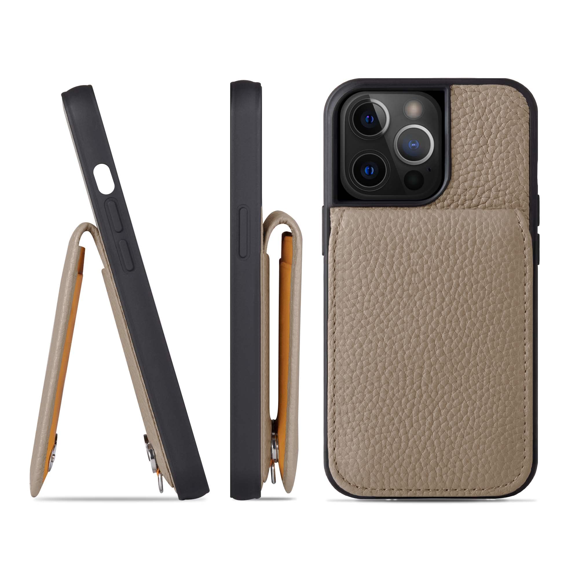 HANATORA for iPhone 15Pro ケース バンパー型 本革 スマホケース スマホ カードポケット スタンド ショルダーストラップ 付き シュリンクカーフレザー ギフト グレージュ S