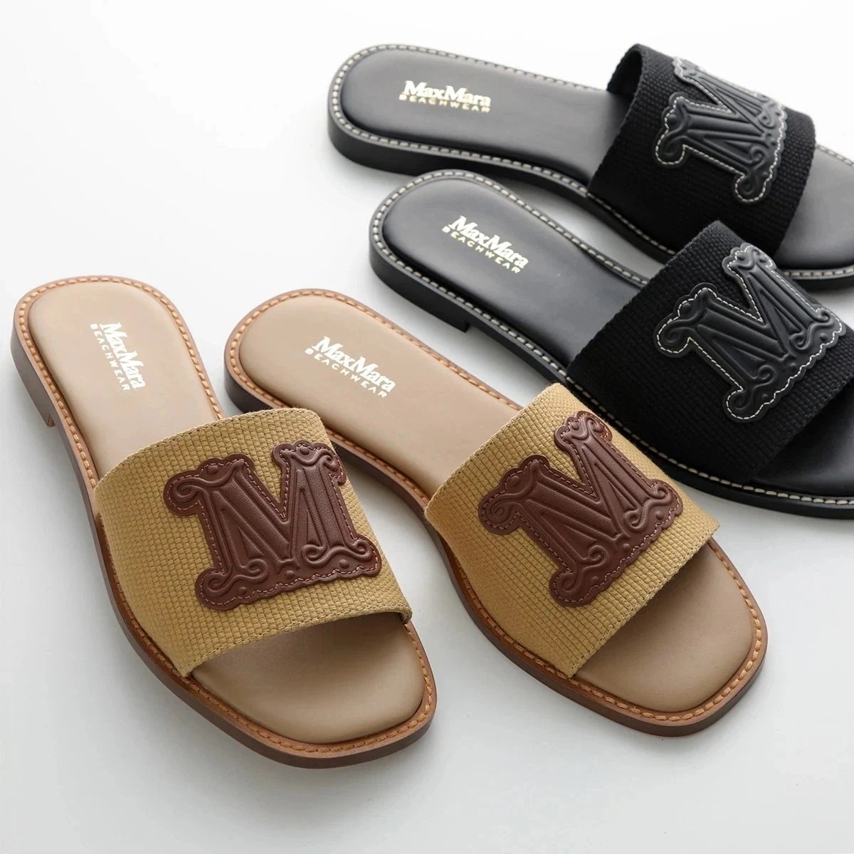 MAX MARA BEACHWEAR マックスマーラビーチウェア サンダル GENE ジーン レディース フラット ミュール レザー × コットン ロゴ 靴 カラー2色